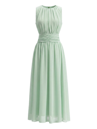 Grünes 40er Chiffon-Midikleid mit Rundhalsausschnitt