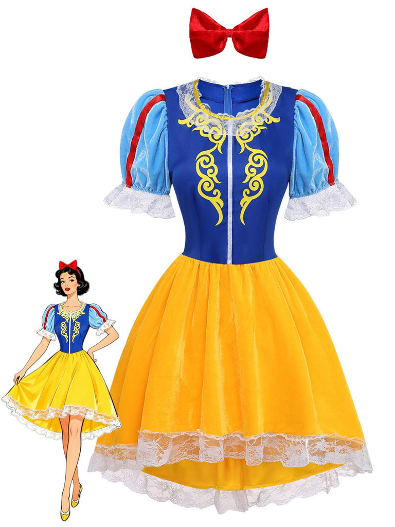 Blaues & Gelbes 60er Prinzessinnen-Cosplay-Kleid mit Puffärmeln
