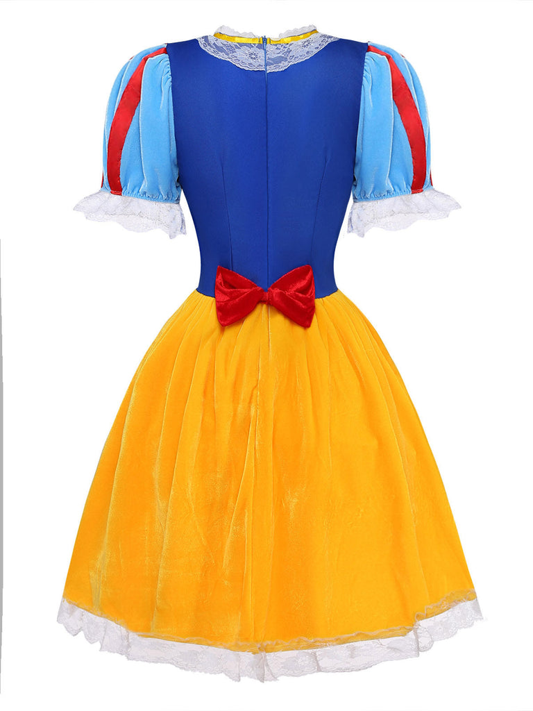 Blaues & Gelbes 60er Prinzessinnen-Cosplay-Kleid mit Puffärmeln