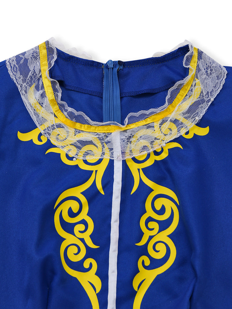 Blaues & Gelbes 60er Prinzessinnen-Cosplay-Kleid mit Puffärmeln