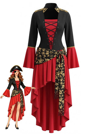 Rot-Schwarzes 40er Piratenkleid mit Schnürung