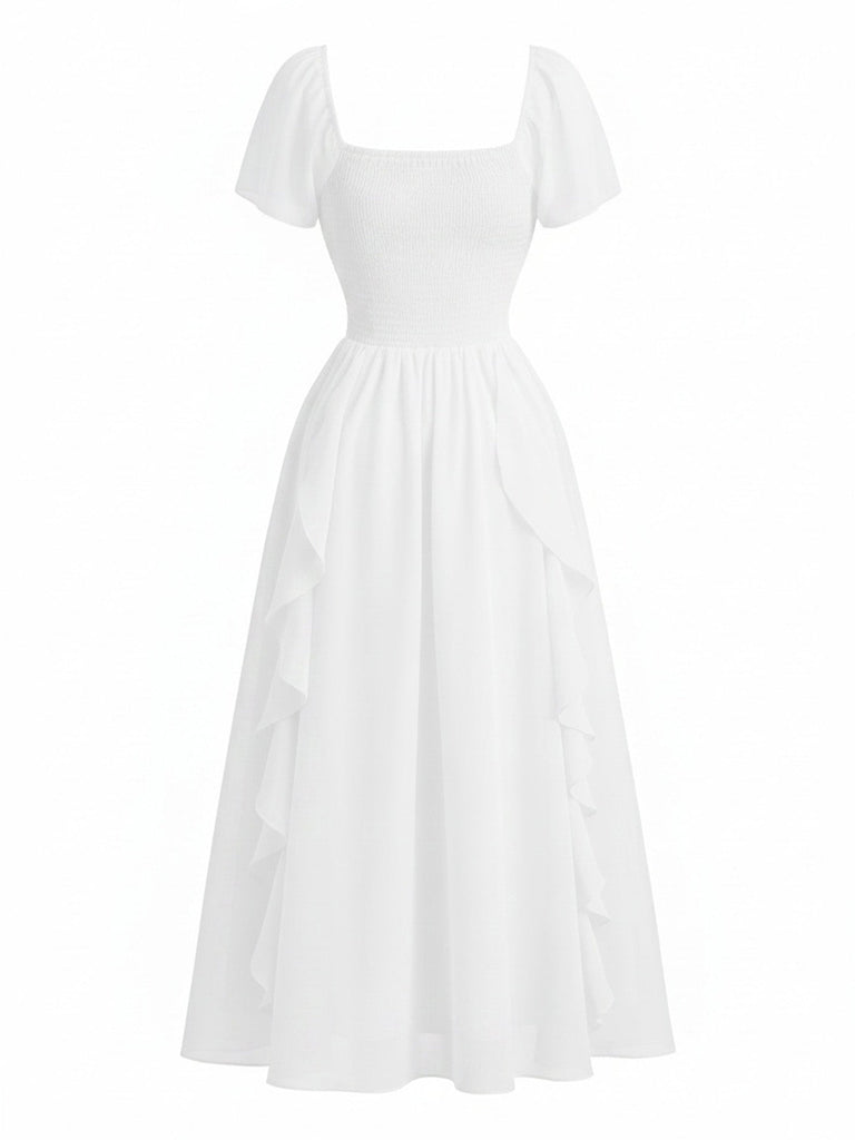 30er Maxikleid mit Flatterärmel und Eckiger Ausschnitt