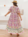 [Übergröße] Rosa 70er Boho Kleid mit V-Ausschnitt und Blumen