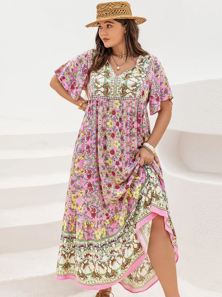 [Übergröße] Rosa 70er Boho Kleid mit V-Ausschnitt und Blumen