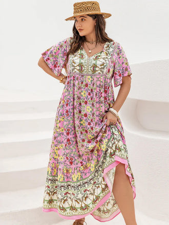 [Übergröße] Rosa 70er Boho Kleid mit V-Ausschnitt und Blumen