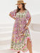[Übergröße] Rosa 70er Boho Kleid mit V-Ausschnitt und Blumen
