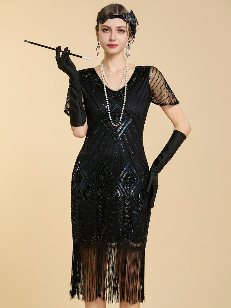 20er Gatsby Kleid mit Perlenfransen und Pailletten