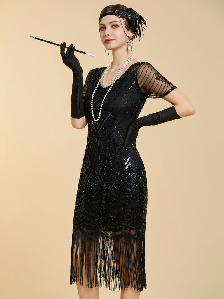 20er Gatsby Kleid mit Perlenfransen und Pailletten