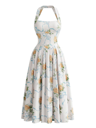 Gelbes 30er Kleid mit Neckholder und Blumen