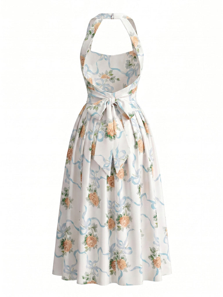 Gelbes 30er Kleid mit Neckholder und Blumen