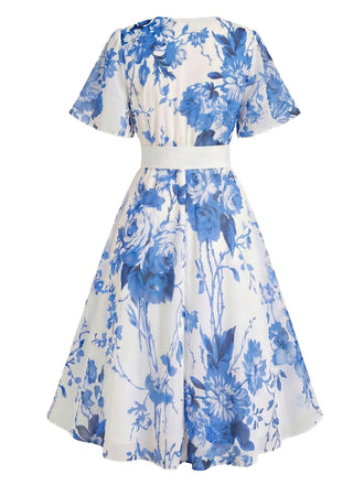 Plus Size 1950s Floral V Neck Belted Dress 2