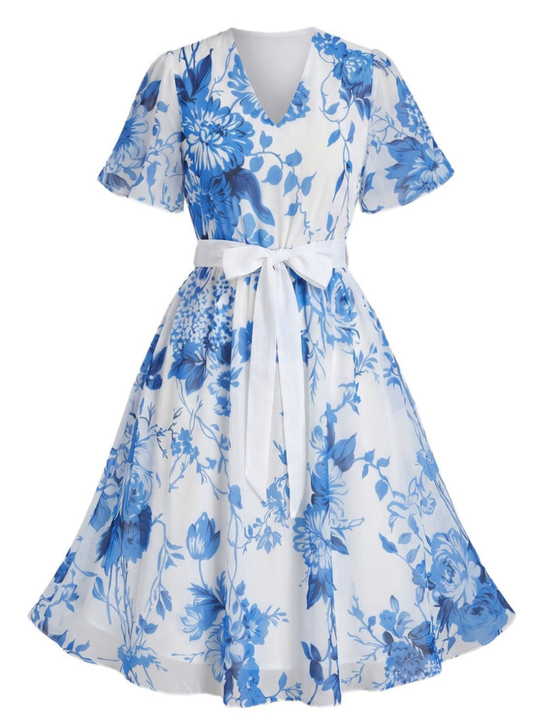 [Übergröße] 50er Chiffonkleid mit Blumenmuster und V-Ausschnitt