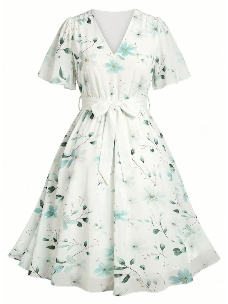 [Übergröße] 50er Chiffonkleid mit Blumenmuster und V-Ausschnitt