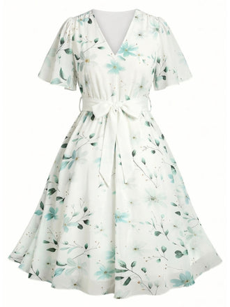 [Übergröße] 50er Chiffonkleid mit Blumenmuster und V-Ausschnitt