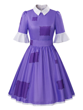 Lila 50er Halloween Kleid mit Peter-Pan-Kragen und Patchwork