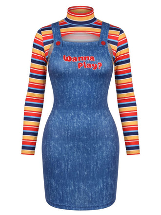 60er Kleid mit Hoher Ausschnitt und Streifen