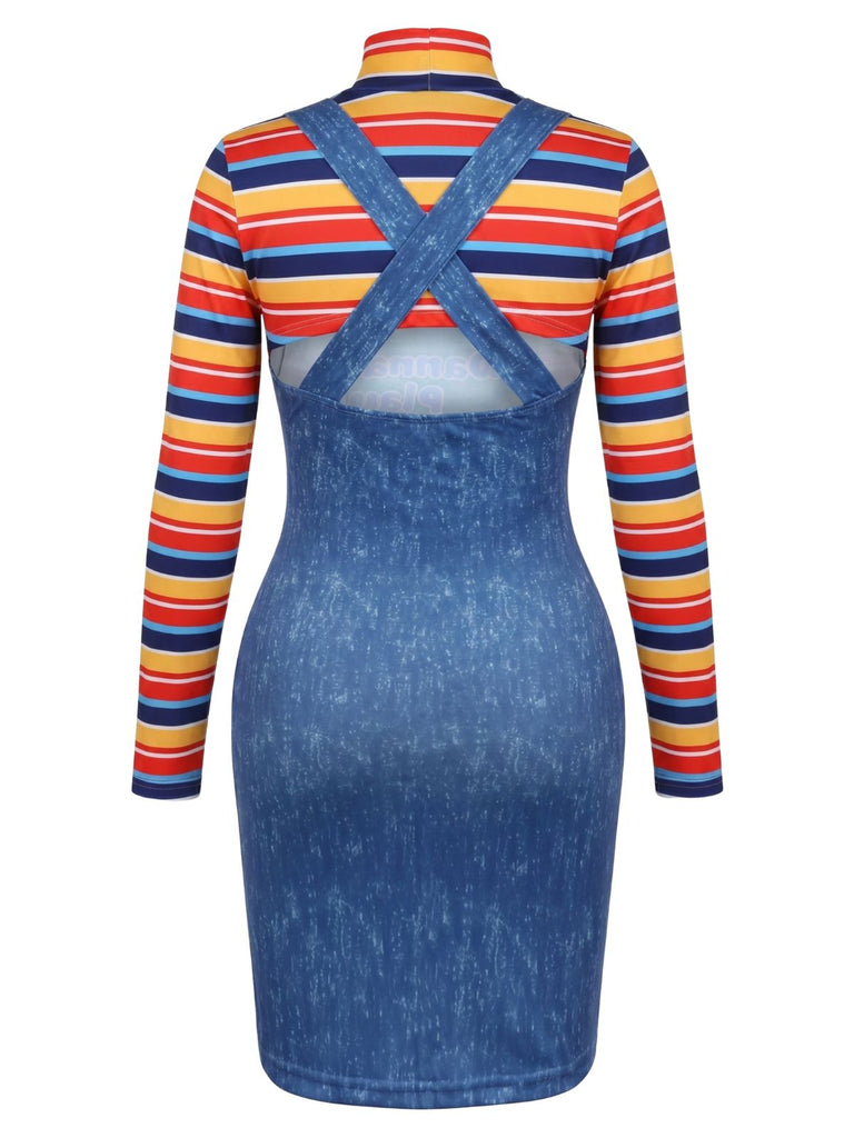 60er Kleid mit Hoher Ausschnitt und Streifen