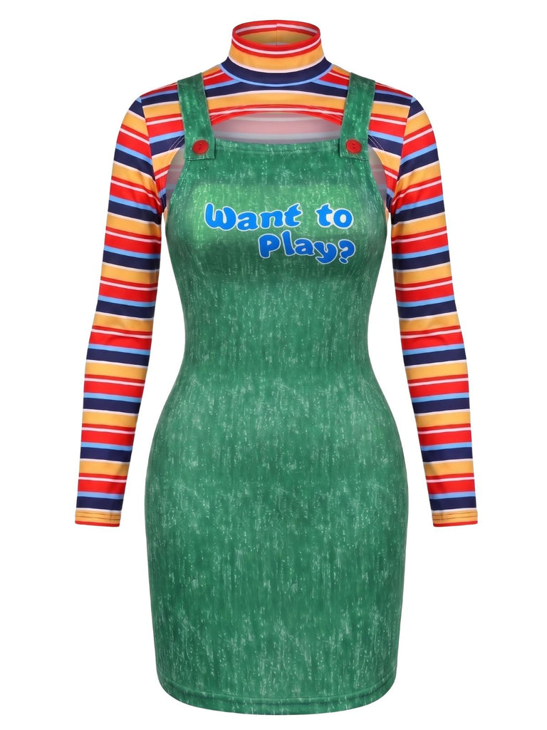 60er Kleid mit Hoher Ausschnitt und Streifen