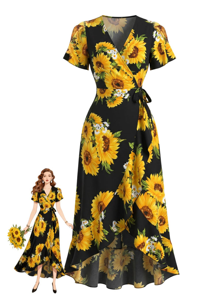 Schwarzes 40er Wickel-Midikleid mit Sonnenblumen