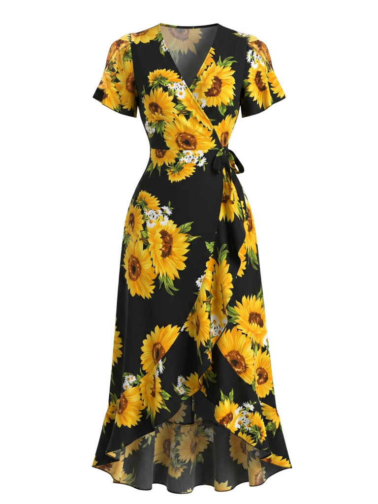 Schwarzes 40er Wickel-Midikleid mit Sonnenblumen