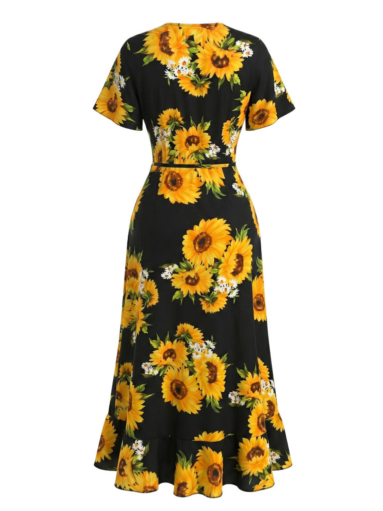 Schwarzes 40er Wickel-Midikleid mit Sonnenblumen