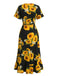 Schwarzes 40er Wickel-Midikleid mit Sonnenblumen
