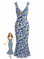 Blaues 30er figurbetontes Kleid mit Blumen