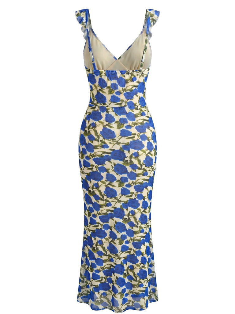 Blaues 30er figurbetontes Kleid mit Blumen und Neckholder