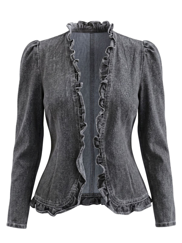 60er Jeans-Jacke mit Rüschen und Langarm
