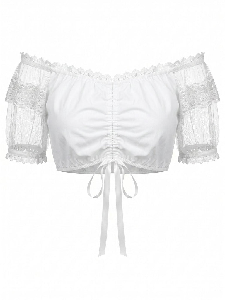 Weisses 50er Crop-Top mit Spitze und Puffärmeln