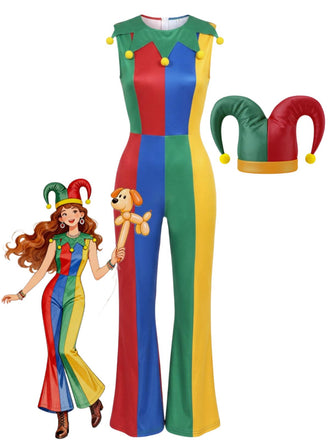 Mehrfarbiger 60er Clown-Jumpsuit mit Hut