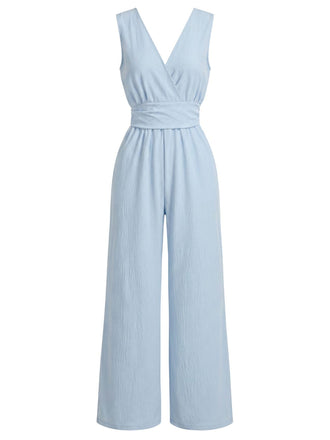 Blauer 40er ärmelloser Jumpsuit mit Wickeloptik
