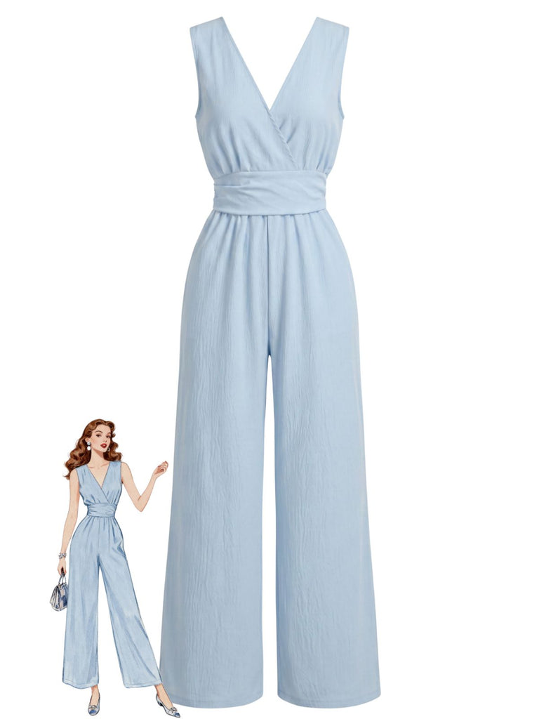 Blauer 40er ärmelloser Jumpsuit mit Wickeloptik
