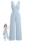 Blauer 40er ärmelloser Jumpsuit mit V-Ausschnitt und weitem Bein