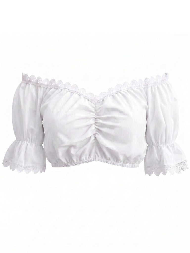 Weisses 50er Crop-Top mit Carmen-Ausschnitt und Spitze
