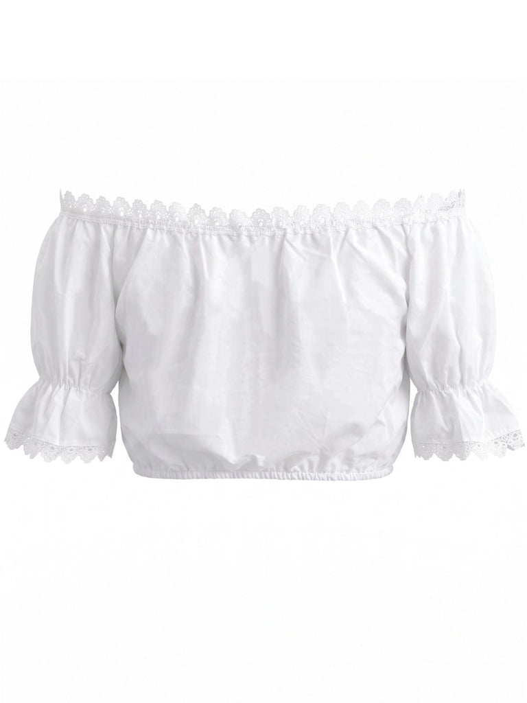 Weisses 50er Crop-Top mit Carmen-Ausschnitt und Spitze