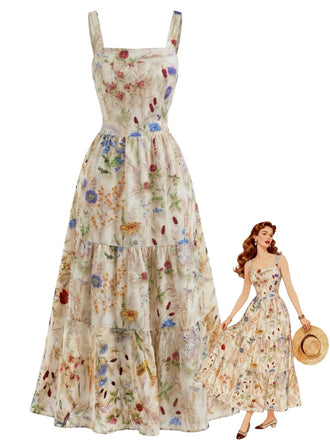 40er Maxikleid mit Blumen und Spaghettiträgern