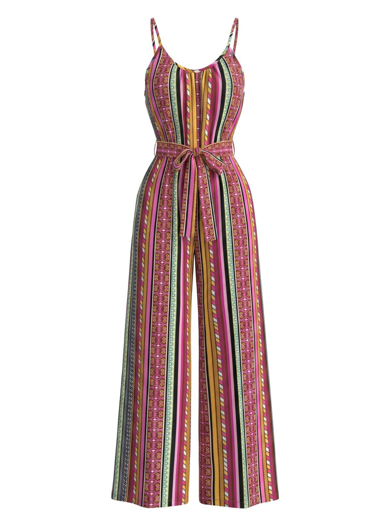 Mehrfarbiger 70er Boho Jumpsuit mit Streifen und Gürtel