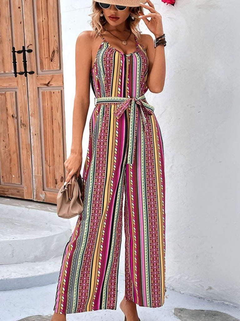 Mehrfarbiger 70er Boho Jumpsuit mit Streifen und Gürtel