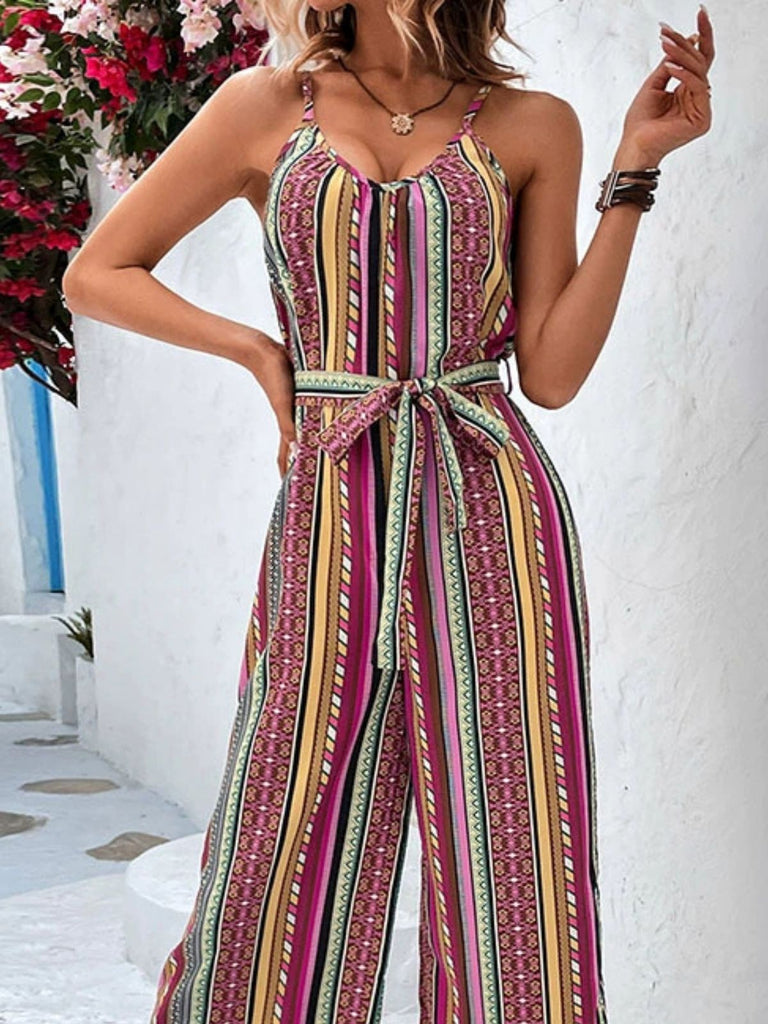 Mehrfarbiger 70er Boho Jumpsuit mit Streifen und Gürtel