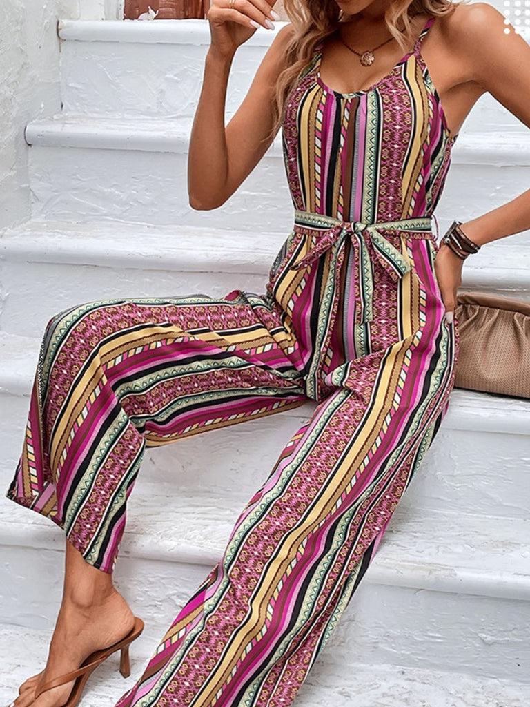 Mehrfarbiger 70er Boho Jumpsuit mit Streifen und Gürtel