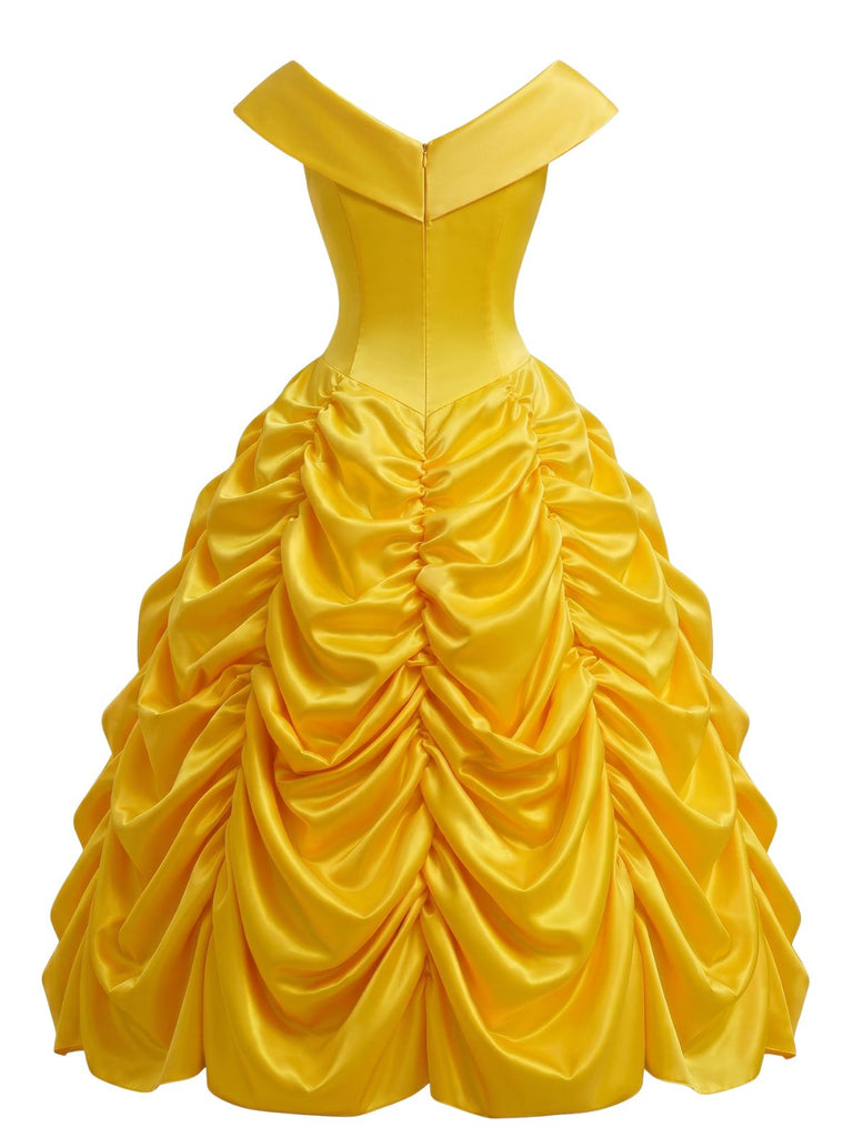 Gelbes 50er schulterfreies Kleid mit gestuft und Prinzessin