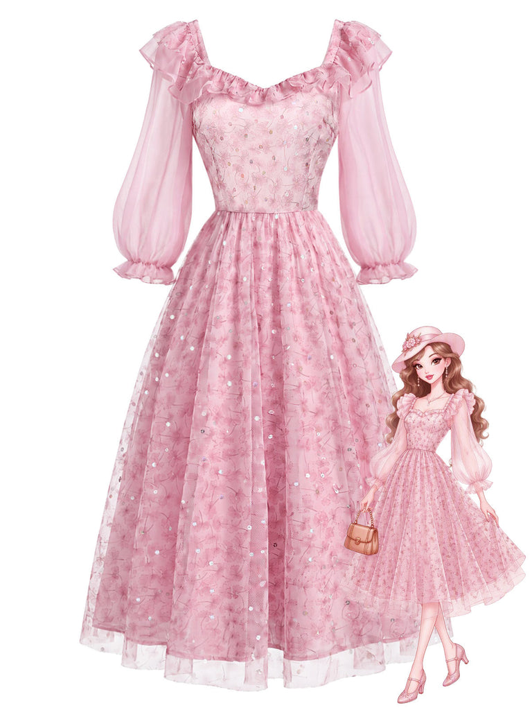 Rosa 50er Netzkleid mit Rüschen und Blumen