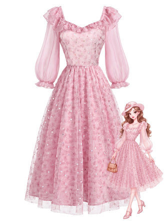 Rosa 50er Netzkleid mit Rüschen und Blumen