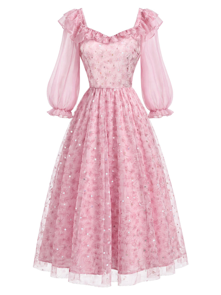 Rosa 50er Netzkleid mit Rüschen und Blumen