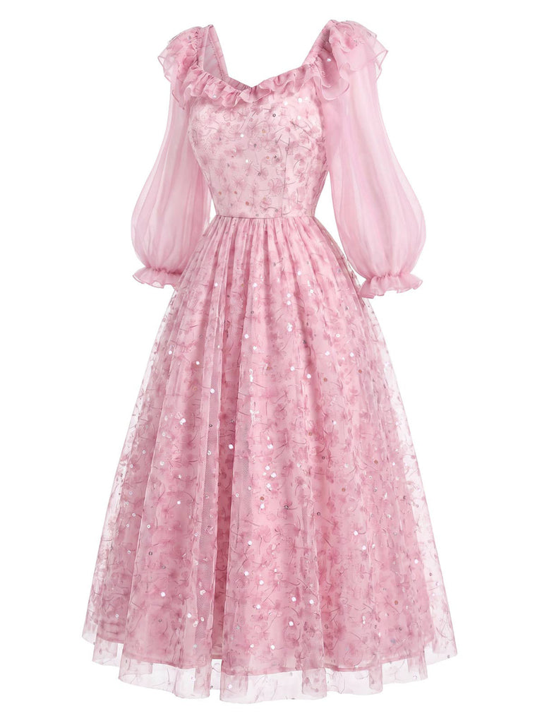 Rosa 50er Netzkleid mit Rüschen und Blumen