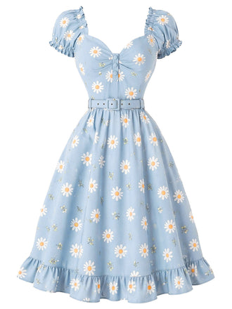 [Vorverkauf] Hellblaues 50er Kleid mit Gänseblümchen und Herzausschnitt