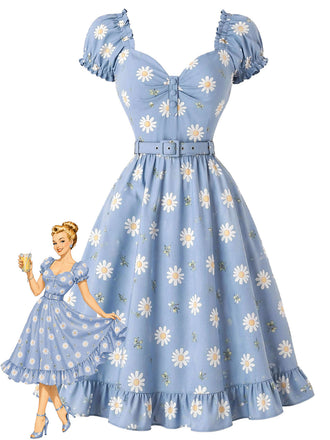 Hellblaues 50er Kleid mit Herzausschnitt und Blumen