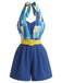 Blauer 70er Romper mit Farbblock und Neckholder