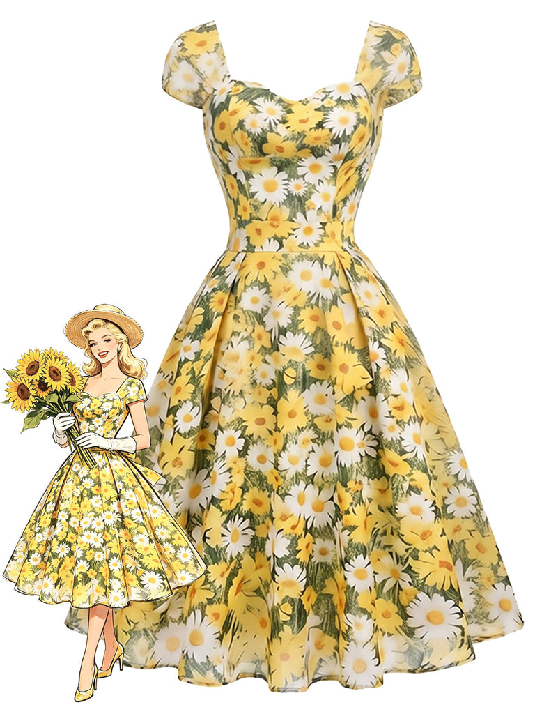 Gelbes 50er Swingkleid mit Herzausschnitt und Blumen